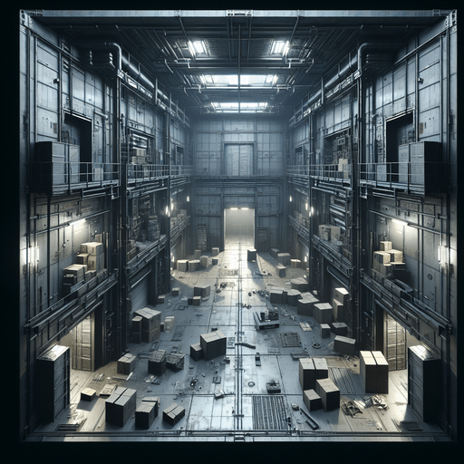 A gritty, industrial warehouse room viewed directly from above. The room has metallic walls, scattered debris, and crates across the floor. There are entrances in the middle center of each wall: top, bottom, left, and right, resembling doorways. The room fills the entire frame, with dim lighting to create an intense atmosphere..
Full-frame, top-down view of an industrial warehouse room. Metallic walls, scattered debris, and crates. Open entrances centered on each wall: top, bottom, left, and right. Dim lighting, no 3D perspective.