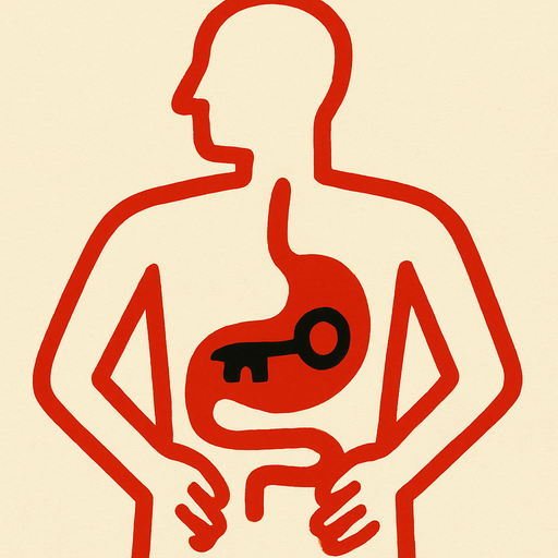 a drawing pic showing key is inside stomach of the body.red lines of the body!
In-Game asset.  2d.  High contrast.  No shadows