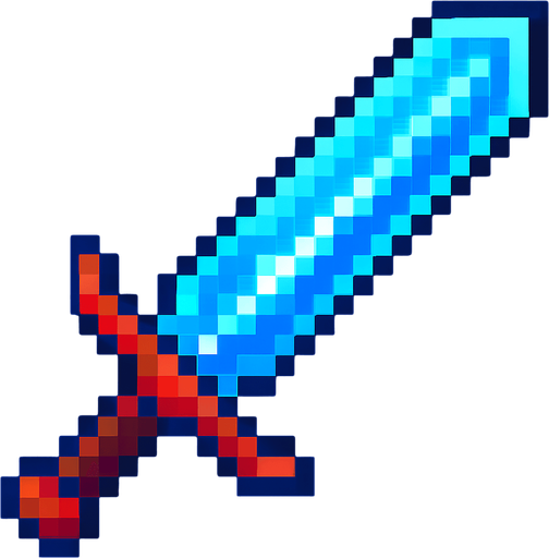 Diseña una espada estilo pixel art, sencilla pero llamativa. Debe ser fácil de animar o colocar junto a un personaje. El mango debe ser corto y simple, y la hoja puede ser recta o con un brillo digital. Usa colores llamativos como azul neón, rojo fuego o plateado con detalles pixelados. El diseño debe parecer futurista o mágico, como si fuera un arma especial de un guerrero digital..
In-Game asset.  2d.  High contrast.  No shadows
