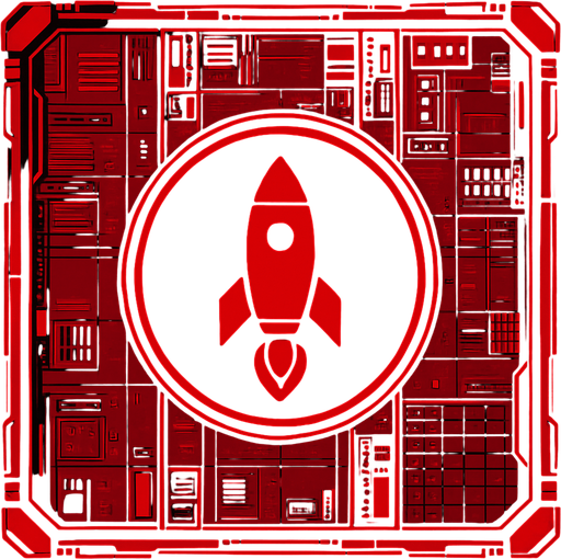 2D Top floor of tower facing the screen to use it as a grid. future. Cyberpunk. abstract. seen from above. HD colors. No Diagonal assets. Red color. Big logo of a Fired rocket on the middle of it.