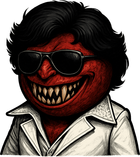 un demonio bola ultra realista con una peluca y traje de bailarin con lentes de sol y una sonrisa con colmillos afilados.
In-Game asset.  2d.  High contrast.  No shadows