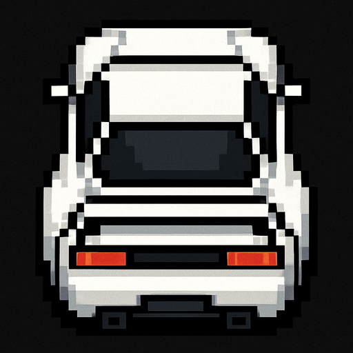 un coche blanco deportivo hecho con pixeles con perspectiva desde arriba de la parte trasera.
In-Game asset.  2d.  High contrast.  No shadows