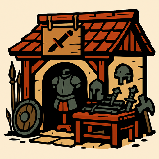 Eski çağ savaş malzemesi dükkanı.
In-Game asset.  2d.  High contrast.  No shadows