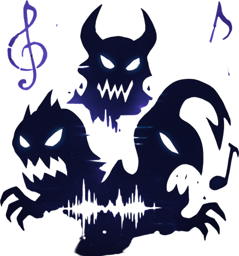 Design an icon for a button labeled "Enemies" in a fantasy tower defense game set in a haunted concert hall. The icon should represent the chaotic and musical nature of the enemies.

Show a cluster of stylized enemy silhouettes made of shadow, glitchy waveforms, or cracked musical notes. They should look menacing but stylized, like abstract creatures of sound and dissonance.

Use a dark, slightly glowing background (deep purple, blue, or smoky black) with subtle magical accents—floating broken clefs, static, or distortion.

Icon must be square (256×256 px), clean, and readable at small sizes.
Avoid text—use only imagery.
Style: semi-flat or digitally painted fantasy UI, consistent with an elegant but eerie orchestral theme..
In-Game asset.  2d.  High contrast.  No shadows