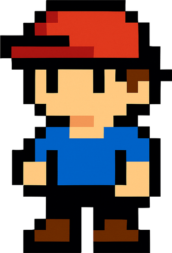 a pixel boy with a hat and a t-shirt.
In-Game asset.  2d.  High contrast.  No shadows