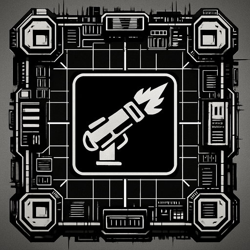 2D Top floor of complicated tower facing the screen to use it as a grid. future. Cyberpunk. abstract. seen from above. HD colors. Black & white colors. No Diagonal assets. Big logo of a cannon firing on the middle of it.