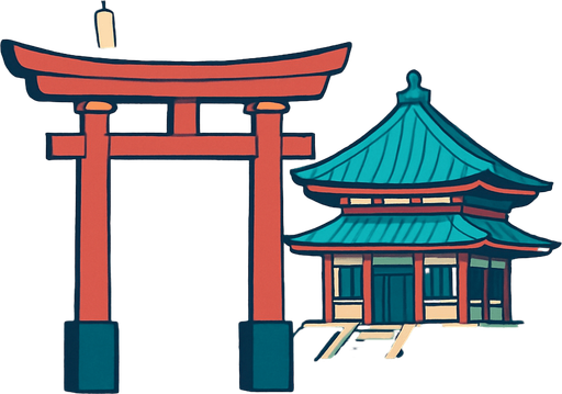 A peaceful mountain and temple background with sakura trees, a torii gate, and light wind chimes hanging. Very serene..
In-Game asset.  2d.  High contrast.  No shadows