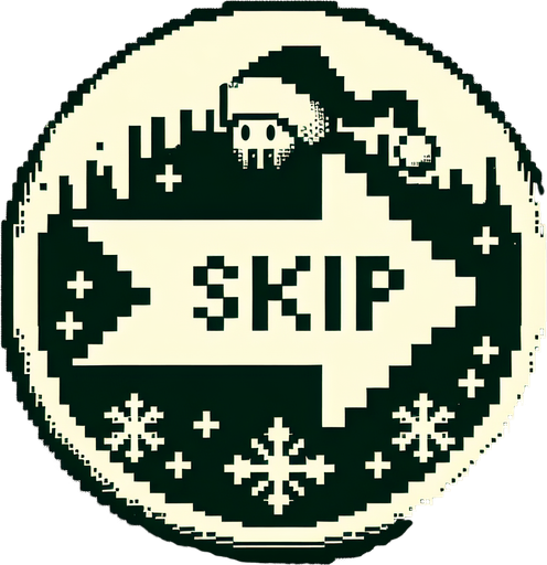 eerie christmas inspired  button as an arrow pointing right that says SKIP in a creepy font  png.
Single Game Texture. In-Game asset. 2d. Blank background. High contrast. No shadows.