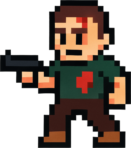16x16 pixel wounded guy holding pistol.
In-Game asset.  2d.  High contrast.  No shadows. pixel art. retro arcade game