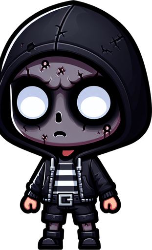 a kid thief in wearing a black hoodie. Also looking like a zombie Single Game Texture. In-Game asset. 2d. Blank background. High contrast. No shadows.