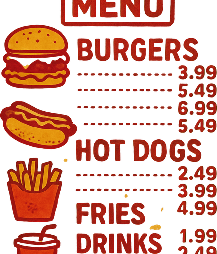 a greasy fast food styled menu with stains.
In-Game asset.  2d.  High contrast.  No shadows