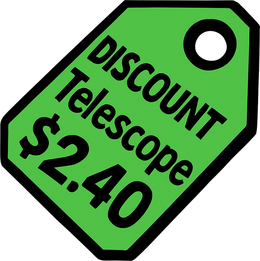 Green pricetag that says discount Telescope $2.40.
In-Game asset.  2d.  High contrast.  No shadows
