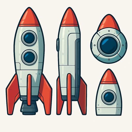Create si-fi realistic rocket with  3D views. In-Game asset. 2d. High contrast. No shadows. In-Game asset. 2d. High contrast. No shadows.
In-Game asset.  2d.  High contrast.  No shadows
