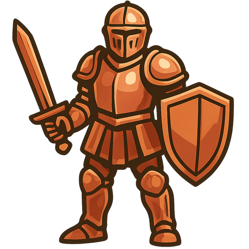 Human with copper Armor, a copper sword and shield.
In-Game asset.  2d.  High contrast.  No shadows