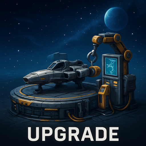 Uzay temalı Gemi Geliştirme, Tamirci İstasyonu, gerçekçi, Altında "Upgrade" yazsın.
In-Game asset.  High contrast.  No shadows