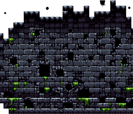 Black stone dungeon wall background. Crumbling top of wall in places.  Slime on bricks. Black holes in walls in places where brick is missing. Infinite repeatable texture for endless scroller. 8 bit pixel art..
Single Game Texture.  In-Game asset.  2d.  Blank background.  High contrast.  No shadows