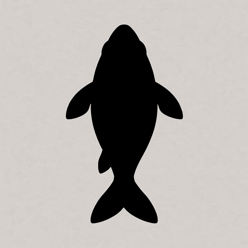 The dark shadow  silhouette of a fish. Top down view.
In-Game asset.  2d.  High contrast.  No shadows
