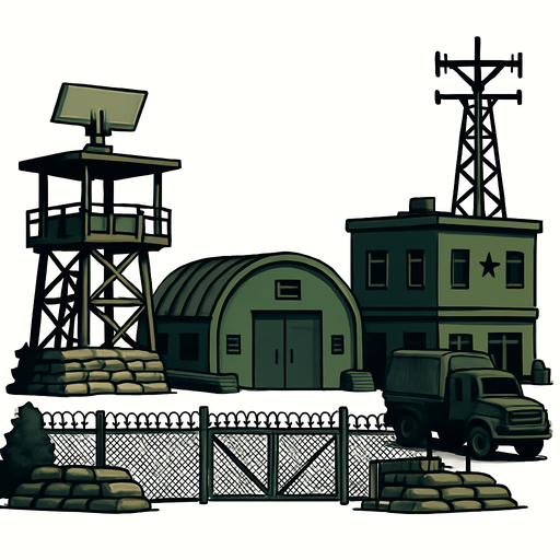 Askeri üs - gerçekçi, yazısız, yandan görünüm.
In-Game asset.  2d.  High contrast.  No shadows