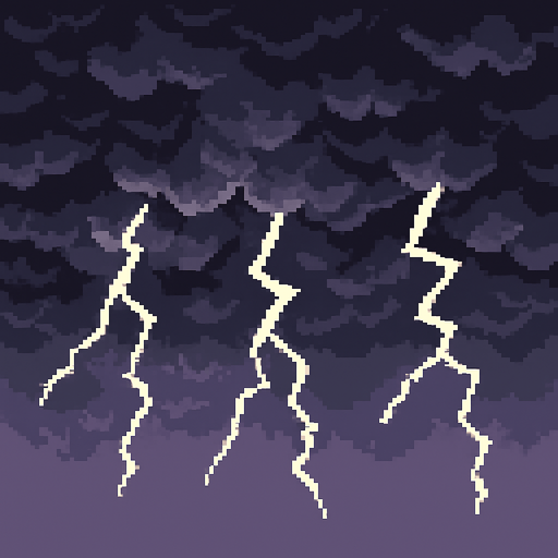 Storm clouds background, dark gray clouds, lightning bolts, dramatic sky, purple-gray gradient, 2D pixel art.
In-Game asset.  2d.  High contrast.  No shadows