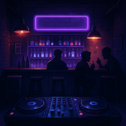 semi-realistic comic book style, moody neon lighting, lo-fi urban atmosphere, rich textures, cinematic framing, purple and blue tones, soft gradients, ambient reflections