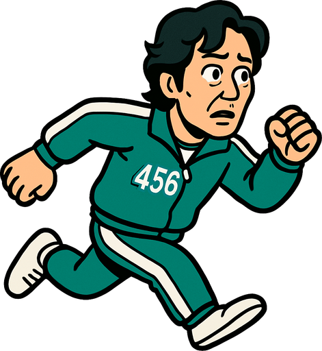 Crea al player del juego el calamar con el traja verde corriendo con el numero 456..
In-Game asset.  2d.  High contrast.  No shadows