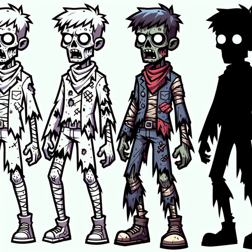 A cartoon style zombie.
Single Game Texture. In-Game asset. 2d. Blank background. High contrast. No shadows.