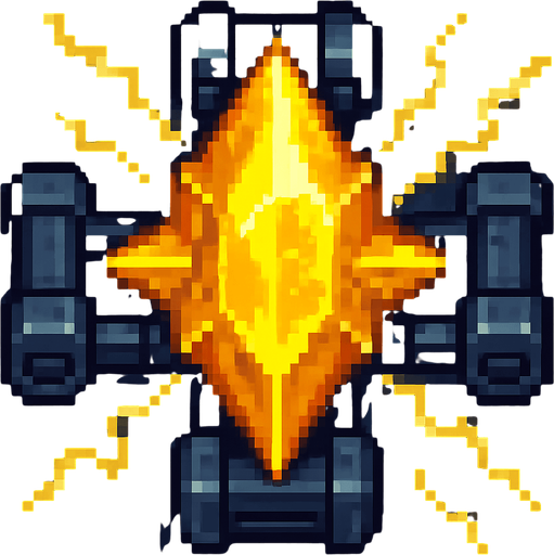 top down pixel art, energy crystal, yellow, spiky, charged, held on all sides by sci fi metal clamps
In-Game asset.  2d.  High contrast.  No shadows