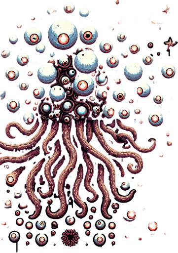 Lovecraftian monster, eyeballs, tentacles, floating
Single Game Texture. In-Game asset. 2d. Blank background. High contrast. No shadows.