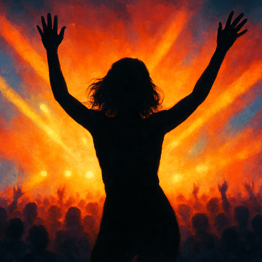 Dancing woman with hands up dark siluette on a concert, front view