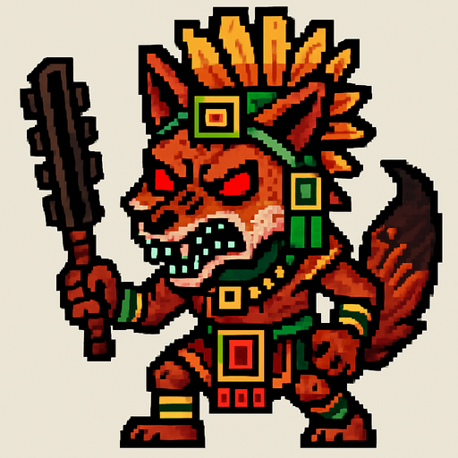 Genérame una Zorro Cangrejero guerrero azteca con eso patrones, estilo pixelar, con una apariencia maligna, ojos rojos, rabioso. Unidad cuerpo a cuerpo. Animal.
In-Game asset.  2d.  High contrast.  No shadows