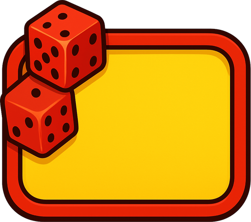 Casino tarzında yatay dikdörtgen (köşeleri yumuşatılmış, edge). İçi sarı, dışında kırmızı şerit var. Sol üst köşesinde bir çift zar var. Yazısız..
In-Game asset.  2d.  High contrast.  No shadows. Casino