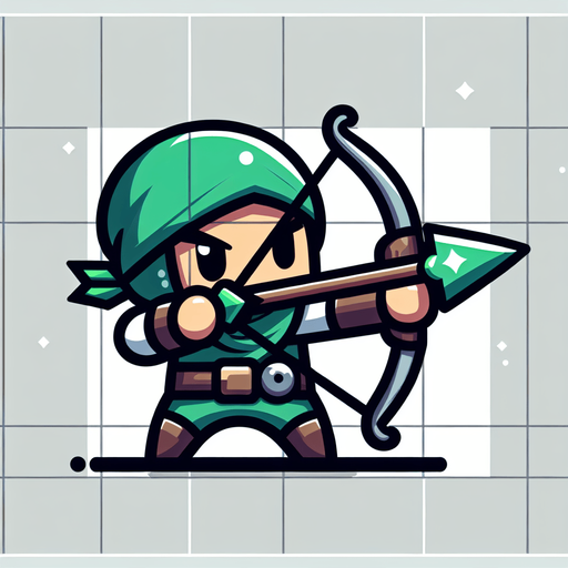 yeşil tatlı ok atmaya hazırlıklı okçu karakter.
Single Game Texture.  In-Game asset.  2d.  Blank background.  High contrast.  No shadows