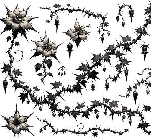 a single wildvine with spikes and flowers dangling..
Single Game Texture. In-Game asset. 2d. Blank background. High contrast. No shadows.