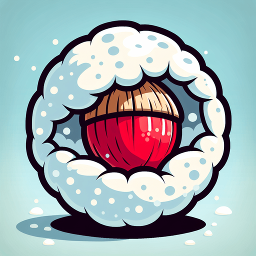 a red nut hidden in a snowball, side view, cartoon.
Single Game Texture. In-Game asset. 2d. Blank background. High contrast. No shadows.