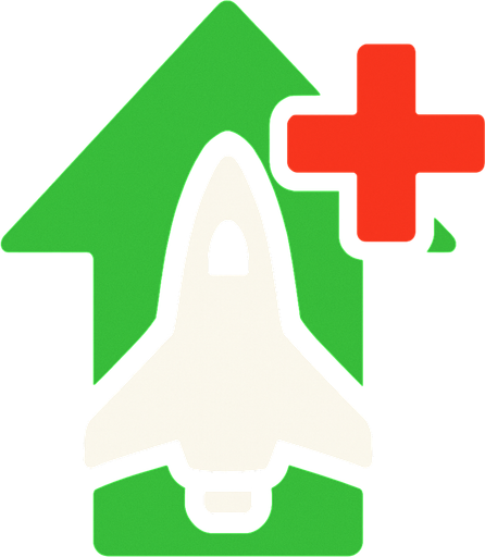 Symbol for spaceship health increase with green arrow pointing up and red plus.
In-Game asset.  2d.  High contrast.  No shadows
