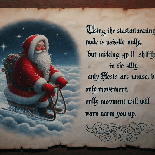 a pergament with a freezing santa on a sledge in the sky. There is the text: "using the stationary mode is useful, but only movement will warm you up"