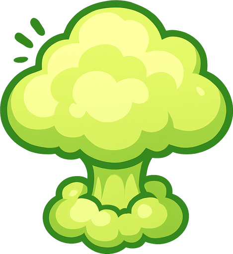 Top-down view of a cartoon-style fart cloud shaped like a small nuclear explosion, soft puffy smoke, exaggerated mushroom shape, playful and funny, light greenish tint, stylized for a colorful top-down mobile game, clear outline, transparent background.
In-Game asset.  2d.  High contrast.  No shadows