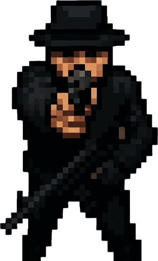 sicario vestido de negro hecho con pixeles y con armas con perspectiva desde arriba visto de frente apuntando con un arma