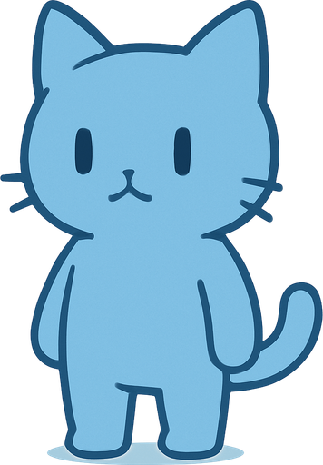 A simple blue cartoon cat standing upright, no accessories or effects, clean and minimal style, no musical notes or particles, not too stylish, designed as the main character for a rhythm game with a cold, minimal theme, light outlines and smooth shading, no background.
In-Game asset.  2d.  High contrast.  No shadows