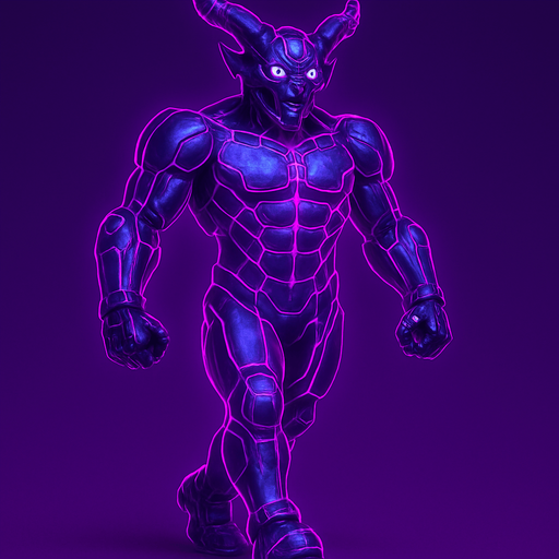 bare segmented neon cyberpunk pecs abs muscles robot monster hunk Neon cyberpunk 3d hologram corporate occult demon android mecha robot sentinel guard soldier machine monster fully in frame no part cut off no background anime futuristic Background removed, "Full-body character, entirely in frame, no cropping of face, head, or feet" "Complete character visible, from head to toe, fully centered in the image" "Entire character, including face and boots, fully within the frame" Character fully contained within a square frame, no edges cut off horns through boots Walking animation forward Neon purple