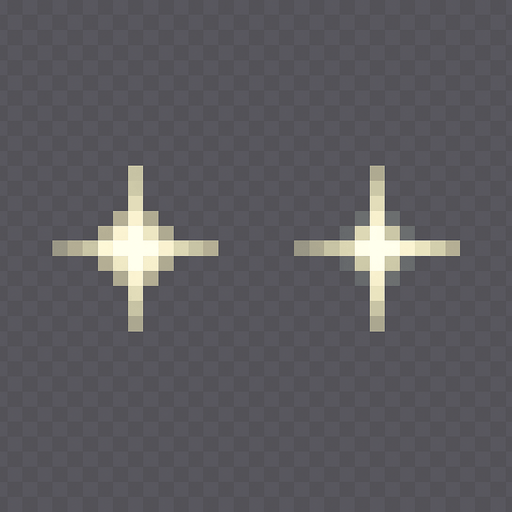 High-quality 2D pixel art of two small sparkle effects side by side with a small gap between them. Each sparkle is star-shaped or cross-shaped, emitting a soft glow in white or pale yellow tones. The sparkles are symmetrical and minimal, designed for UI highlights, magical effects, or item glimmers. The pixel art style is clean and detailed, in 16-bit fantasy aesthetic. Transparent background.".
In-Game asset.  2d.  High contrast.  No shadows