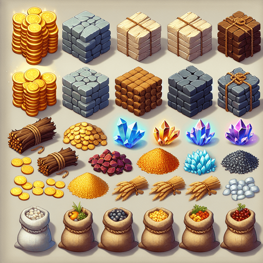 A neatly arranged collection of game resources for a strategy tycoon game. The set includes stacks of gold coins with shimmering highlights, bundles of wood tied with rope, piles of smooth gray stone blocks, shimmering crystal shards, and sacks overflowing with grains and food. Each resource has distinct, vibrant colors and semi-realistic textures, designed to be easily recognizable by players. The background is clean and neutral, ensuring the focus remains on the individual resource icons.
Single Game Texture.  In-Game asset.  2d.  Blank background.  High contrast.  No shadows
