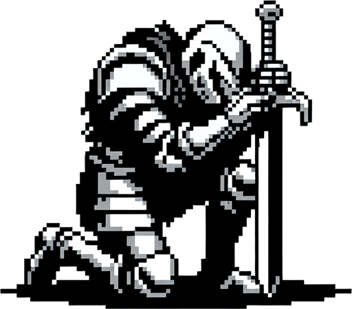 Create an 8-bit pixelated image of a defeated Knight Hero, kneeling with his head down in sorrow. He grips his sword with both hands, its tip resting in the ground. this represents the game over image for a retro video game.
Single Game Texture. In-Game asset. 2d. Blank background. High contrast. No shadows.