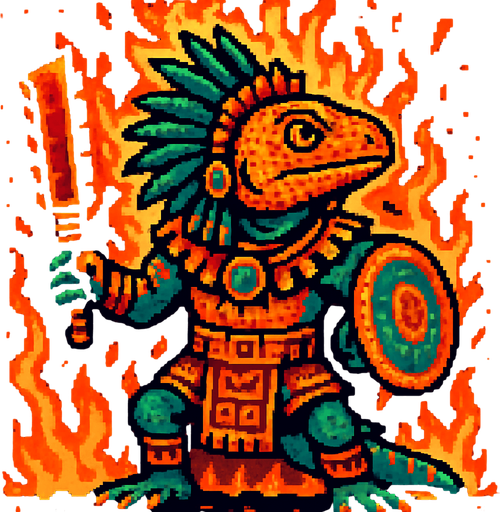 Generame un guerrero azteca con patrones, estilo pixelar, ademas sera una iguana humanoide, con efectos de fuego.
In-Game asset.  2d.  High contrast.  No shadows