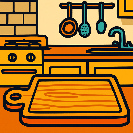 a chopping board with a kitchen background.
In-Game asset.  2d.  High contrast.  No shadows