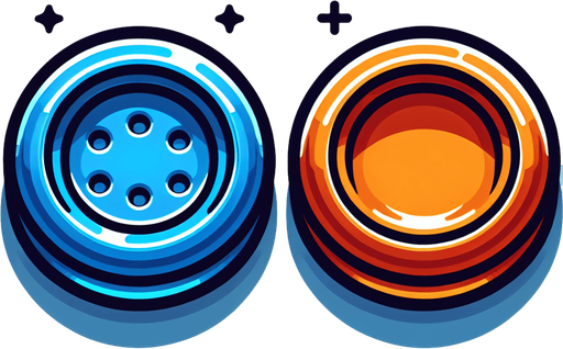 2 boutons de jeu vidéo ronds, un bleu et un orange, vides, style jeu vidéo, vue de dessus