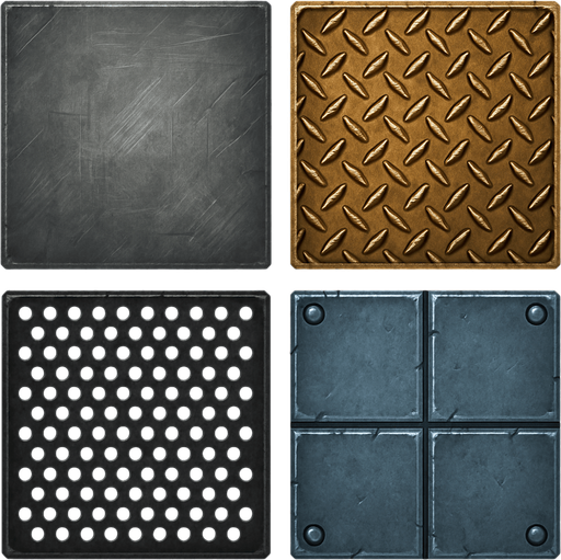 Different metal backgrounds, square.
In-Game asset.  2d.  High contrast.  No shadows