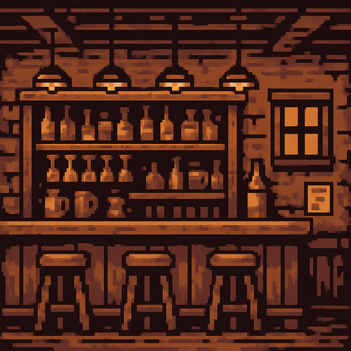Rustic bar background.
In-Game asset.  2d.  High contrast.  No shadows. Pixelart