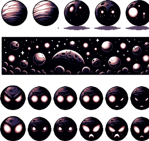 A sprite sheet of evil dark and dangerous looking planets with their eyes closed and their eyes open..
Single Game Texture. In-Game asset. 2d. Blank background. High contrast. No shadows.