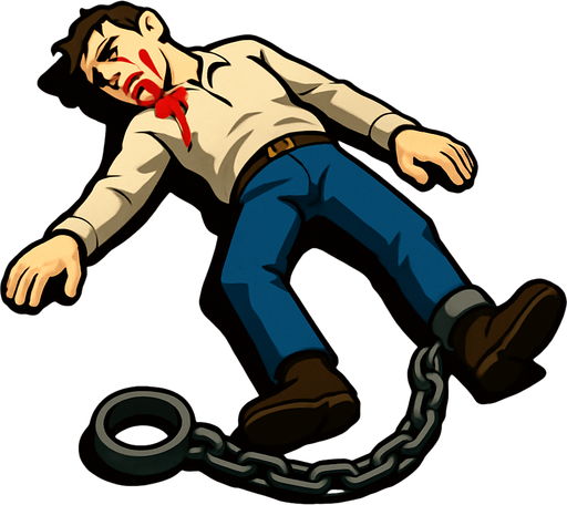 dead body on the ground, a chain on his leg (no ground).
In-Game asset.  High contrast.  No shadows. 3D
